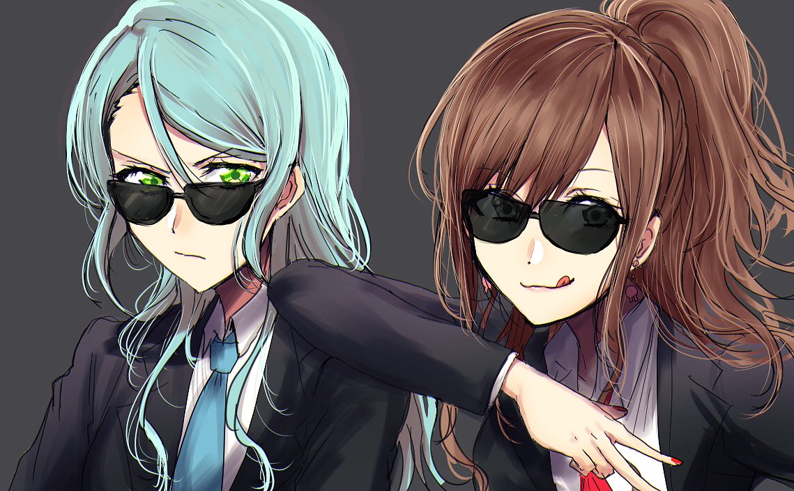 2girls aqua_hair arm_on_shoulder bang_dream! brown_hair earrings formal green_eyes grey_background hikawa_sayo imai_lisa jewelry licking_lips long_hair looking_at_viewer multiple_girls nail_polish necktie ponytail raikou104 scowl simple_background suit sunglasses tongue tongue_out