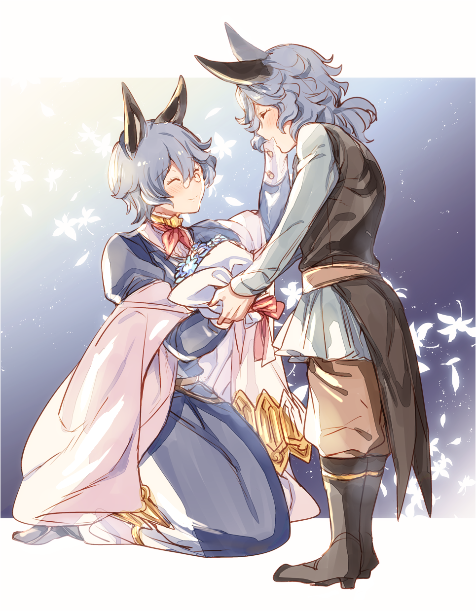 1boy 1girl ^_^ bangs black_footwear black_vest blue_dress blue_flower blue_hair blush boots bouquet brown_pants closed_eyes closed_eyes closed_mouth coattails commentary_request drang_(granblue_fantasy) dress eno_yukimi erune eyebrows_visible_through_hair falling_leaves flower full_body glasses granblue_fantasy grandmother_and_grandson grey_shirt hair_between_eyes highres juliet_sleeves knee_boots kneeling leaf long_dress long_hair long_sleeves original pants puffy_sleeves red_neckwear red_ribbon ribbon shiny shiny_hair shirt short_hair smile standing vest wavy_hair younger