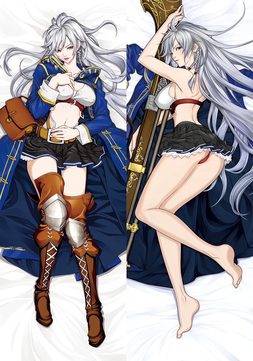 1girl ahoge armor barefoot bed_sheet belt blue_cloak blue_jacket boots braid breasts cleavage commentary_request crop_top dakimakura erect_nipples fenrir_(fenlil0316) granblue_fantasy gun hair_between_eyes highres holding holding_weapon jacket large_breasts legs long_hair lying midriff miniskirt navel on_back on_side pink_lips pouch rifle sideboob silva_(granblue_fantasy) silver_hair skirt thigh-highs thigh_boots thighs twin_braids very_long_hair waist wavy_hair weapon yellow_eyes