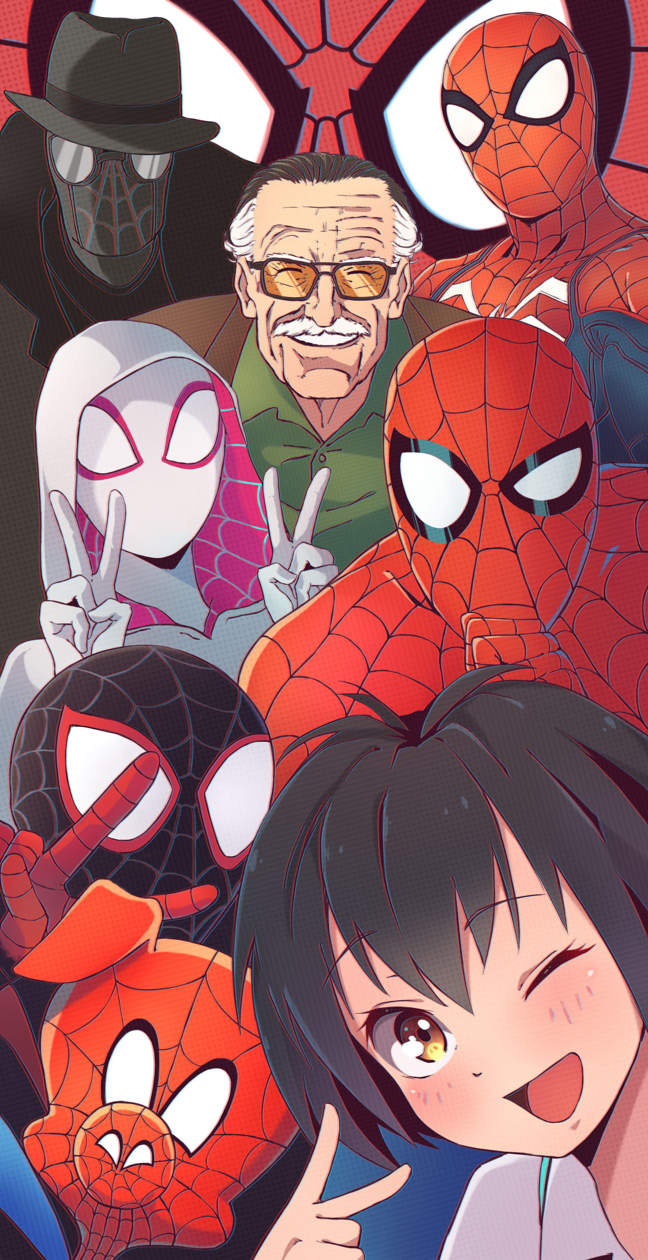 2girls 5boys ;d absurdres black_hair closed_eyes double_v facial_hair fedora hat highres hood kukie-nyan looking_at_viewer marvel multiple_boys multiple_girls mustache one_eye_closed open_mouth peni_parker real_life smile spider-gwen spider-ham spider-man spider-man:_into_the_spider-verse spider-man_(series) spider-man_noir stan_lee sunglasses superhero v