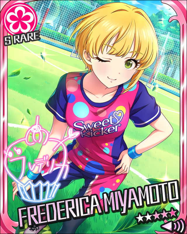 blonde_hair blush character_name green_eyes idolmaster idolmaster_cinderella_girls miyamoto_frederica shirt short_hair smile sports stars wink