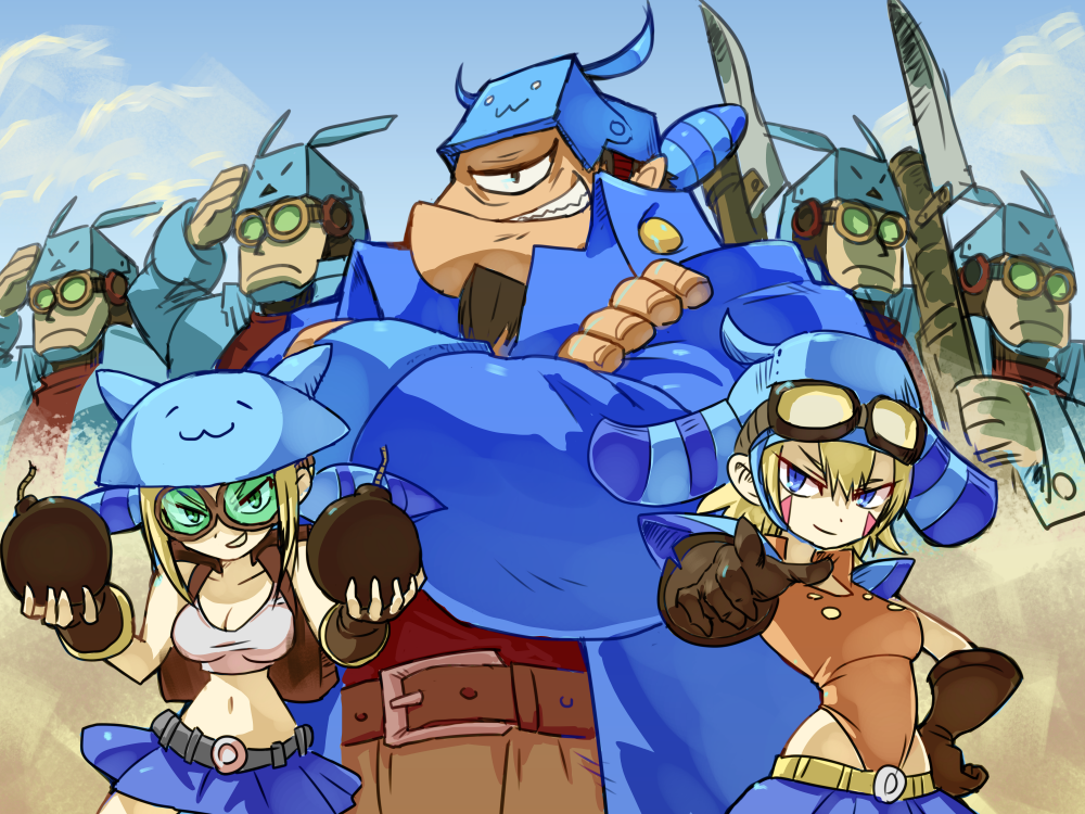 2girls ammo_baron bandanna bayonet blonde_hair blue_eyes blue_jacket blue_skirt bomb bow cyclops fingerless_gloves gloves goggles goggles_on_headwear gun jacket leotard midriff multiple_boys multiple_girls navel omaesan_(camp-192) one-eyed pants red_eyes salute shantae:_half-genie_hero shantae_(character) shantae_(series) shantae_and_the_pirate's_curse short_hair skirt stomach tank_top twintails twitch_(shantae) vinegar_(shantae) weapon