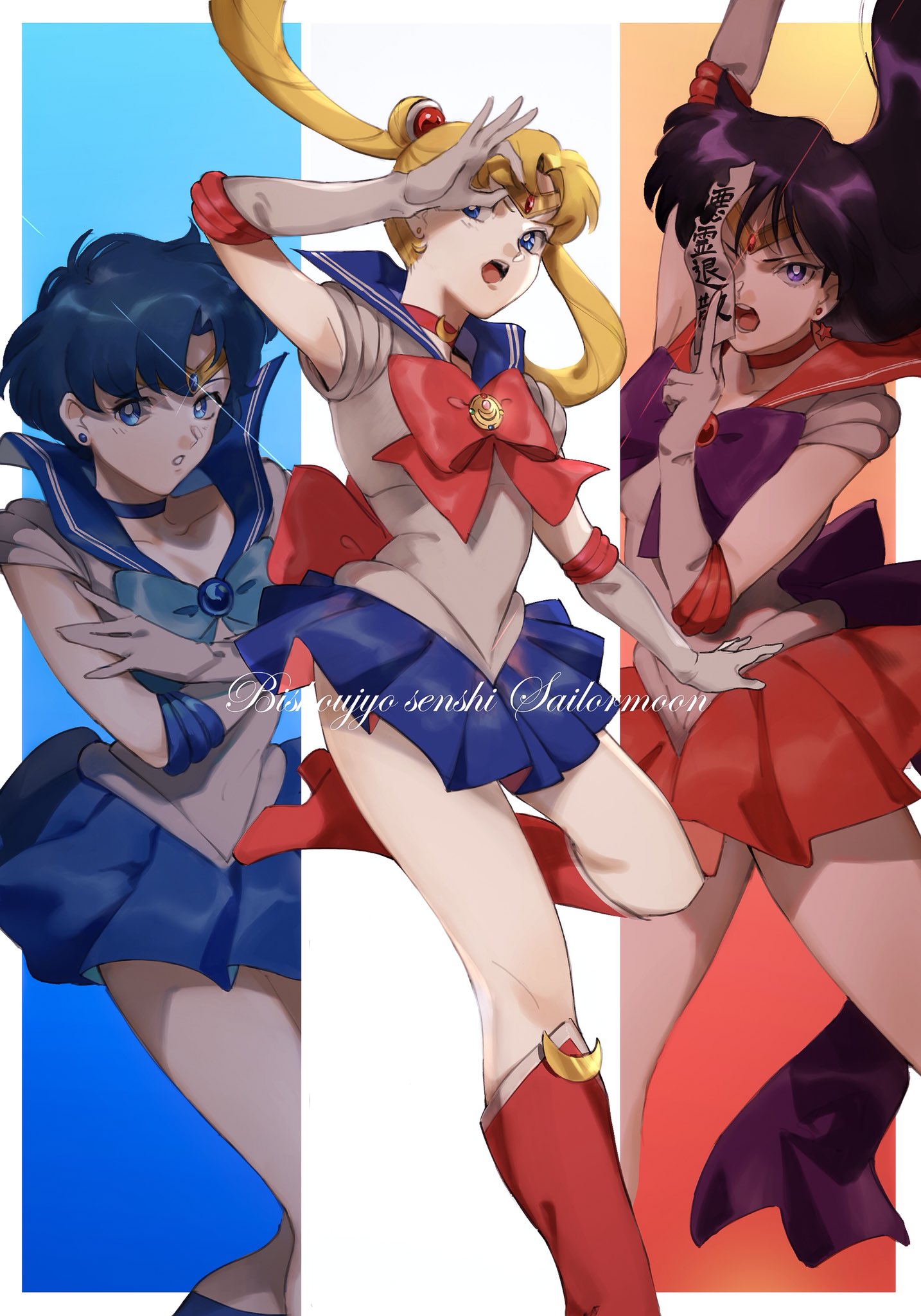 3girls back_bow bangs bishoujo_senshi_sailor_moon blue_choker blue_eyes blue_sailor_collar boots bow breasts choker double_bun earrings elbow_gloves gloves highres hino_rei inner_senshi jewelry long_hair miniskirt mizuno_ami multiple_girls pleated_skirt red_choker red_sailor_collar roru_(lol_dessin) sailor_collar sailor_mars sailor_mercury sailor_moon sailor_senshi sailor_senshi_uniform skirt tiara tsukino_usagi twintails white_gloves