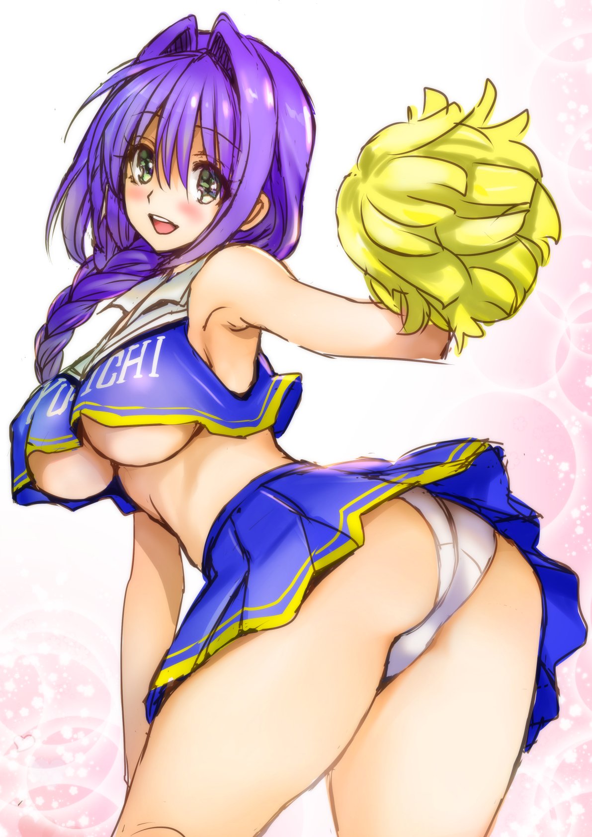 1girl arm_up ass blue_eyes blush braid breasts cheerleader clothes_writing crop_top hair_intakes highres kanon large_breasts looking_at_viewer looking_to_the_side mature midriff minase_akiko miniskirt mitarashi_kousei no_bra open_mouth panties pantyshot pleated_skirt pom_poms purple_hair single_braid skirt sleeveless smile solo under_boob underwear white_panties