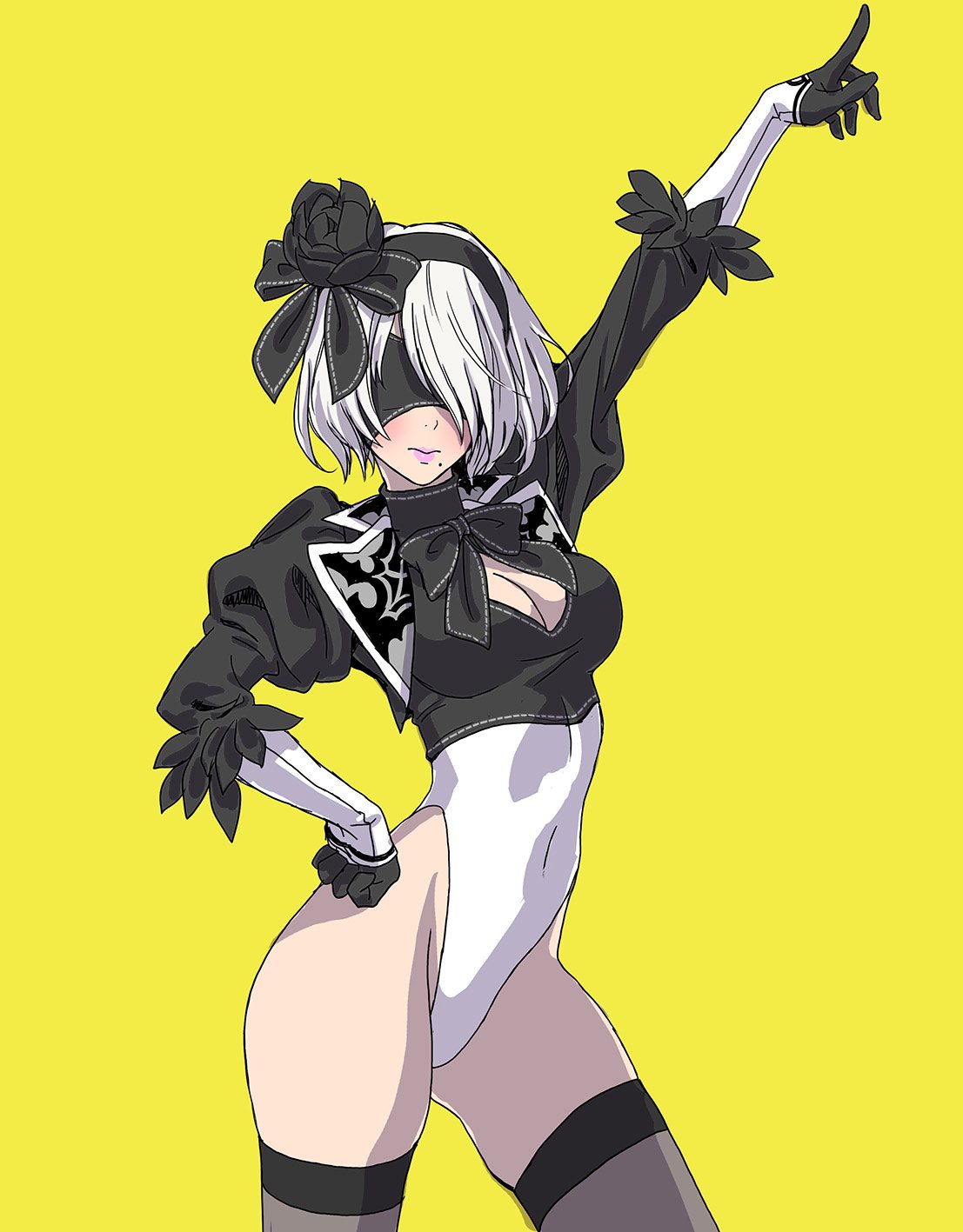1girl arm_up bangs black_flower black_legwear black_rose blindfold bow bowtie breasts cleavage commentary_request cropped_jacket feather_trim flower gloves hair_bow hairband hand_on_hip highleg highleg_leotard highres leotard lips long_sleeves medium_breasts mole mole_under_mouth nier_(series) nier_automata pointing pointing_up puffy_sleeves rose short_hair simple_background solo thighs white_hair yamashita_shun'ya yellow_background yorha_no._2_type_b