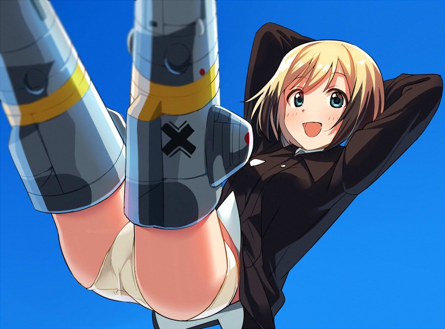 1girl :d arms_behind_head arms_up bangs black_jacket blonde_hair blue_background blue_eyes bob_cut erica_hartmann eyebrows_visible_through_hair jacket long_sleeves looking_at_viewer military military_uniform open_mouth panties sayshownen short_hair smile solo strike_witches striker_unit underwear uniform white_panties world_witches_series