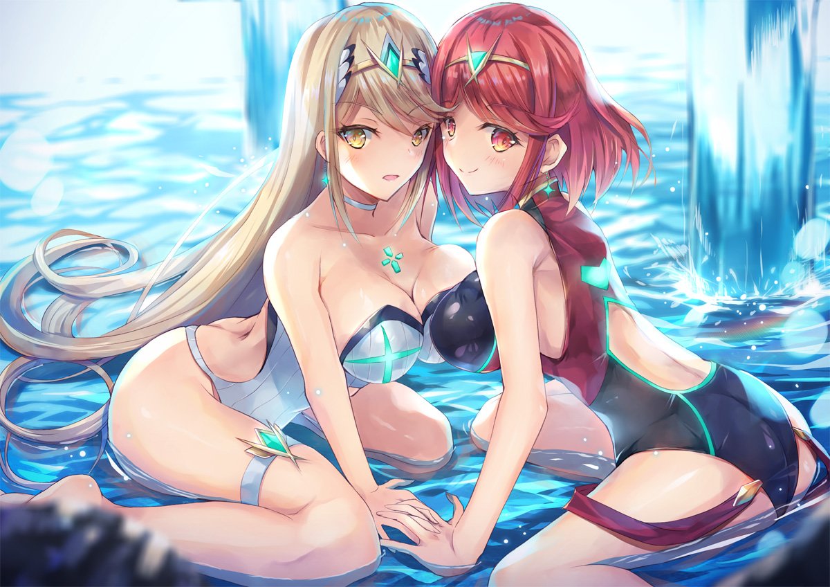 2girls ass bare_shoulders blonde_hair blush breasts cleavage covered_navel female mythra_(xenoblade) hinot pyra_(xenoblade) large_breasts long_hair looking_at_viewer matching_hair/eyes multiple_girls multiple_persona nintendo one-piece_swimsuit red_eyes redhead short_hair simple_background smile swimsuit tiara water xenoblade_(series) xenoblade_2 yellow_eyes