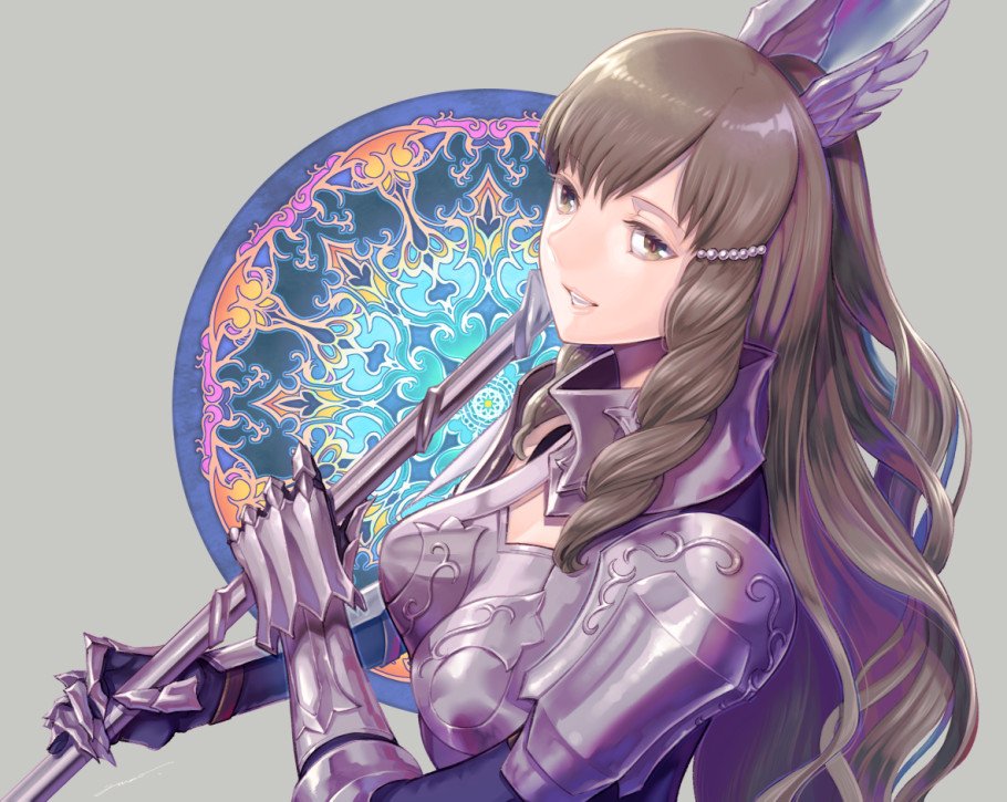 1girl amatari_sukuzakki armor brown_eyes brown_hair fire_emblem fire_emblem:_kakusei gloves hair_ornament long_hair looking_at_viewer nintendo open_mouth simple_background smile solo sumia thigh-highs weapon