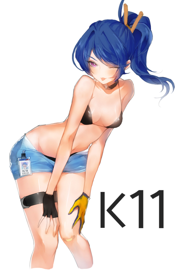 1girl :p bandaid bandaid_on_knee bangs bikini black_bikini blue_hair blue_shorts blush breasts character_name clothes_pin collarbone eyebrows_visible_through_hair girls_frontline groin hair_between_eyes hands_on_own_thighs head_tilt k11_(girls_frontline) leaning_forward leather_choker long_hair medium_breasts messy_hair name_tag one_eye_closed peanutc short_shorts shorts side_ponytail sidelocks simple_background smile solo stomach swimsuit thigh_strap thighs tongue tongue_out unbuttoned_pants violet_eyes white_background