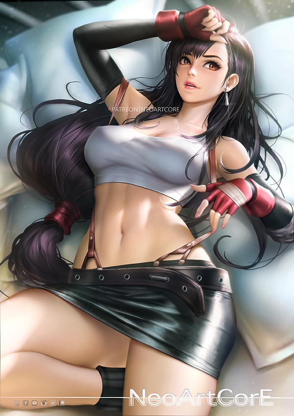 1girl bare_shoulders black_hair breasts cleavage crop_top earrings elbow_gloves final_fantasy fingerless_gloves gloves jewelry long_hair medium_breasts midriff miniskirt navel nudtawut_thongmai parted_lips red_eyes signature skirt solo suspenders thick_thighs thighs tifa_lockhart very_long_hair