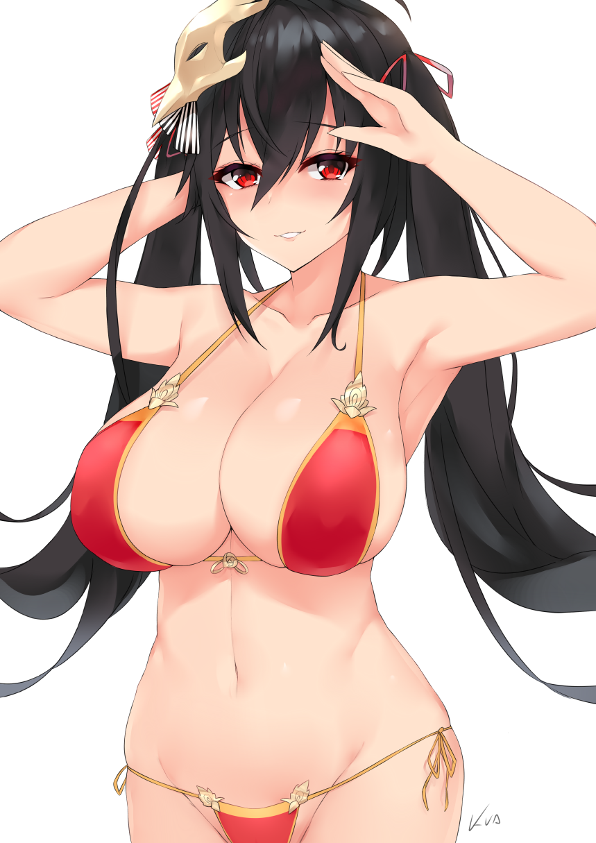 1girl arm_behind_back arm_up armpits azur_lane bikini black_hair breasts cleavage collarbone eyebrows_visible_through_hair front-tie_top groin hair_between_eyes hair_ornament hair_ribbon highres kuavera large_breasts long_hair looking_at_viewer navel parted_lips red_bikini red_eyes red_ribbon ribbon side-tie_bikini signature simple_background smile solo swimsuit taihou_(azur_lane) tied_hair twintails white_background wide_hips