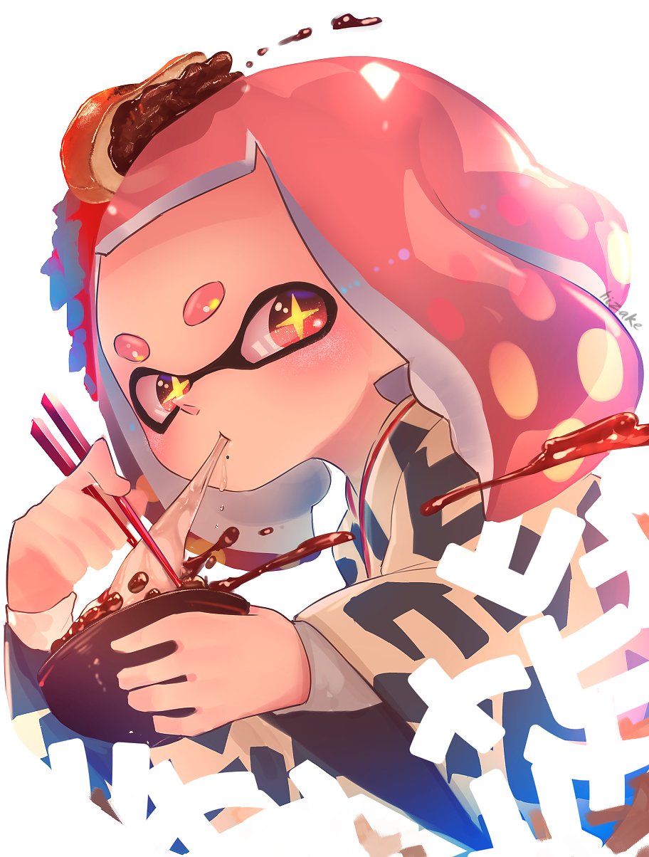 +_+ 1girl bowl chopsticks eating food food_in_mouth food_on_head food_request haori highres hime_(splatoon) holding holding_bowl holding_chopsticks japanese_clothes kashu_(hizake) long_sleeves looking_at_viewer medium_hair mole mole_under_mouth nintendo object_on_head pink_eyes pink_hair short_eyebrows sideways_glance signature simple_background solo splatoon splatoon_2 tentacle_hair thick_eyebrows upper_body white_background wide_sleeves