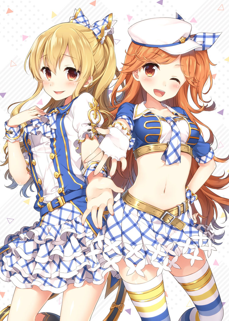 2girls ;d ascot bangs black_legwear blonde_hair blue_shirt blush bow breasts brown_hair character_request clarisse_(granblue_fantasy) collarbone collared_shirt crop_top eyebrows_visible_through_hair fingerless_gloves gloves granblue_fantasy hair_between_eyes hair_bow hair_ribbon hand_on_hip hat head_tilt kneehighs layered_skirt long_hair masuishi_kinoto medium_breasts multiple_girls one_eye_closed open_mouth outstretched_arm parted_lips peaked_cap plaid plaid_bow plaid_neckwear plaid_ribbon plaid_skirt pleated_skirt puffy_short_sleeves puffy_sleeves red_eyes ribbon shirt short_sleeves skirt smile striped striped_legwear thigh-highs very_long_hair white_bow white_gloves white_hat white_neckwear white_ribbon white_shirt white_skirt