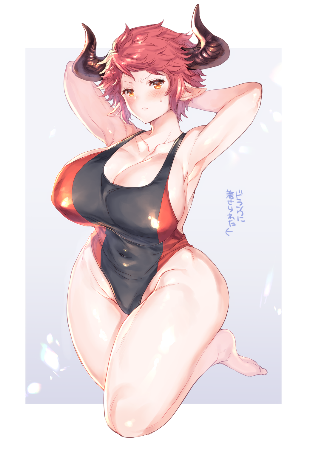1girl animal_ears armpits arms_behind_head arms_up bangs bare_arms bare_legs bare_shoulders barefoot black_swimsuit blush breasts casual_one-piece_swimsuit cleavage closed_mouth collarbone commentary_request covered_navel cow_ears cow_horns curvy directional_arrow draph eno_yukimi eyebrows_visible_through_hair full_body granblue_fantasy grey_background groin head_tilt highres horns huge_breasts looking_at_viewer one-piece_swimsuit orange_eyes pointy_ears red_swimsuit redhead shiny shiny_hair shiny_skin short_hair sidelocks solo sturm_(granblue_fantasy) sweatdrop swimsuit thick_thighs thighs translated v-shaped_eyebrows wide_hips