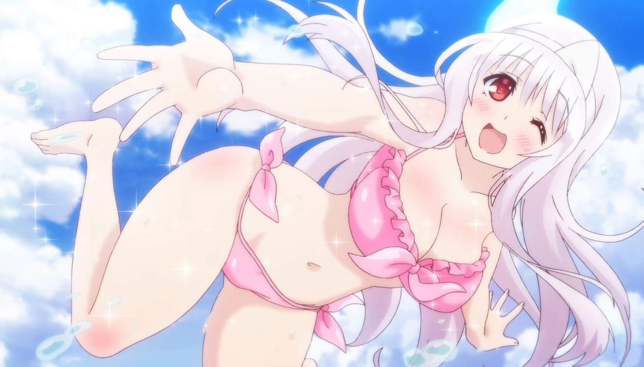 ;) bikini long_hair one_eye_closed pink_hair red_eyes screencap smile stitched swimsuit third-party_edit yunohana_yuuna yuragisou_no_yuuna-san