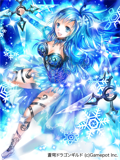 1girl :d blue_eyes blue_hair blue_skirt breasts choker cleavage cleavage_cutout copyright_name copyright_request dual_wielding floating_hair full_body holding holding_weapon leg_up long_hair medium_breasts miniskirt official_art open_mouth outstretched_arm pleated_skirt rioka_(southern_blue_sky) skirt smile snowflakes solo very_long_hair weapon