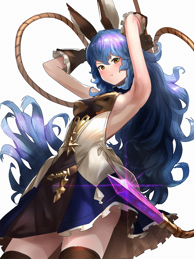 1girl armpits arms_up bangs blue_hair blue_skirt blush breasts brown_eyes brown_gloves brown_legwear closed_mouth commentary_request elbow_gloves erune ferry_(granblue_fantasy) from_below frown glint gloves granblue_fantasy grey_background hair_between_eyes long_hair looking_at_viewer looking_down medium_breasts shirt sideboob simple_background skirt sleeveless sleeveless_shirt solo standing thigh-highs v-shaped_eyebrows very_long_hair wasabi60 wavy_hair white_shirt