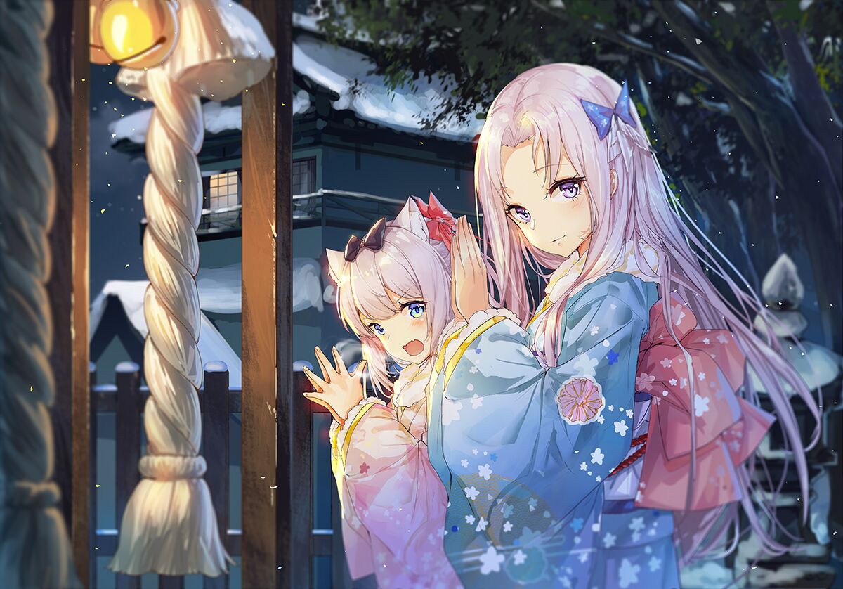 2girls animal_ear_fluff animal_ears azur_lane bangs bell blue_bow blue_eyes blue_kimono blurry blush bow breath building cat_ears closed_mouth depth_of_field eyebrows_visible_through_hair fence floral_print forehead from_side fur-trimmed_sleeves fur_collar fur_trim grey_hair hair_bow haitang hammann_(azur_lane) hands_up house japanese_clothes jingle_bell kimono long_hair long_sleeves looking_at_viewer looking_to_the_side multiple_girls night obi own_hands_together parted_bangs praying print_kimono rope sash shiny shiny_hair sidelocks smile snow stone_lantern symbol_commentary tree upper_body v-shaped_eyebrows very_long_hair violet_eyes wide_sleeves winter yorktown_(azur_lane)