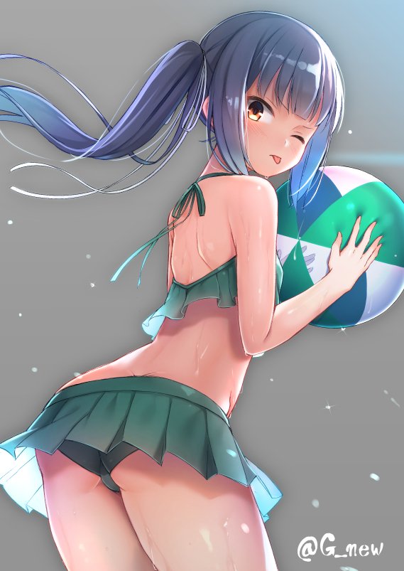 1girl aqua_bikini ass back ball bangs beachball bikini bikini_skirt blush brown_eyes closed_mouth commentary_request eyebrows_visible_through_hair from_behind grey_hair gyuunyuu_bin hair_between_eyes holding holding_ball kantai_collection kasumi_(kantai_collection) long_hair looking_at_viewer one_eye_closed ribbon side_ponytail simple_background solo standing swimsuit thighs tongue tongue_out wet white_ribbon
