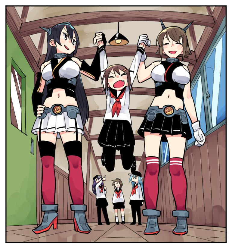 3girls akatsuki_(kantai_collection) black_gloves black_hair black_legwear black_sailor_collar black_skirt brown_hair closed_eyes commentary_request door elbow_gloves fang fingerless_gloves full_body gloves hairband hallway hand_holding hand_on_hip headgear hibiki_(kantai_collection) ikazuchi_(kantai_collection) inazuma_(kantai_collection) kantai_collection light_bulb long_hair midriff miniskirt multiple_girls mutsu_(kantai_collection) nagato_(kantai_collection) open_mouth pantyhose pleated_skirt red_legwear sailor_collar school_uniform serafuku short_hair skirt smile standing thigh-highs tonmoh white_gloves white_skirt