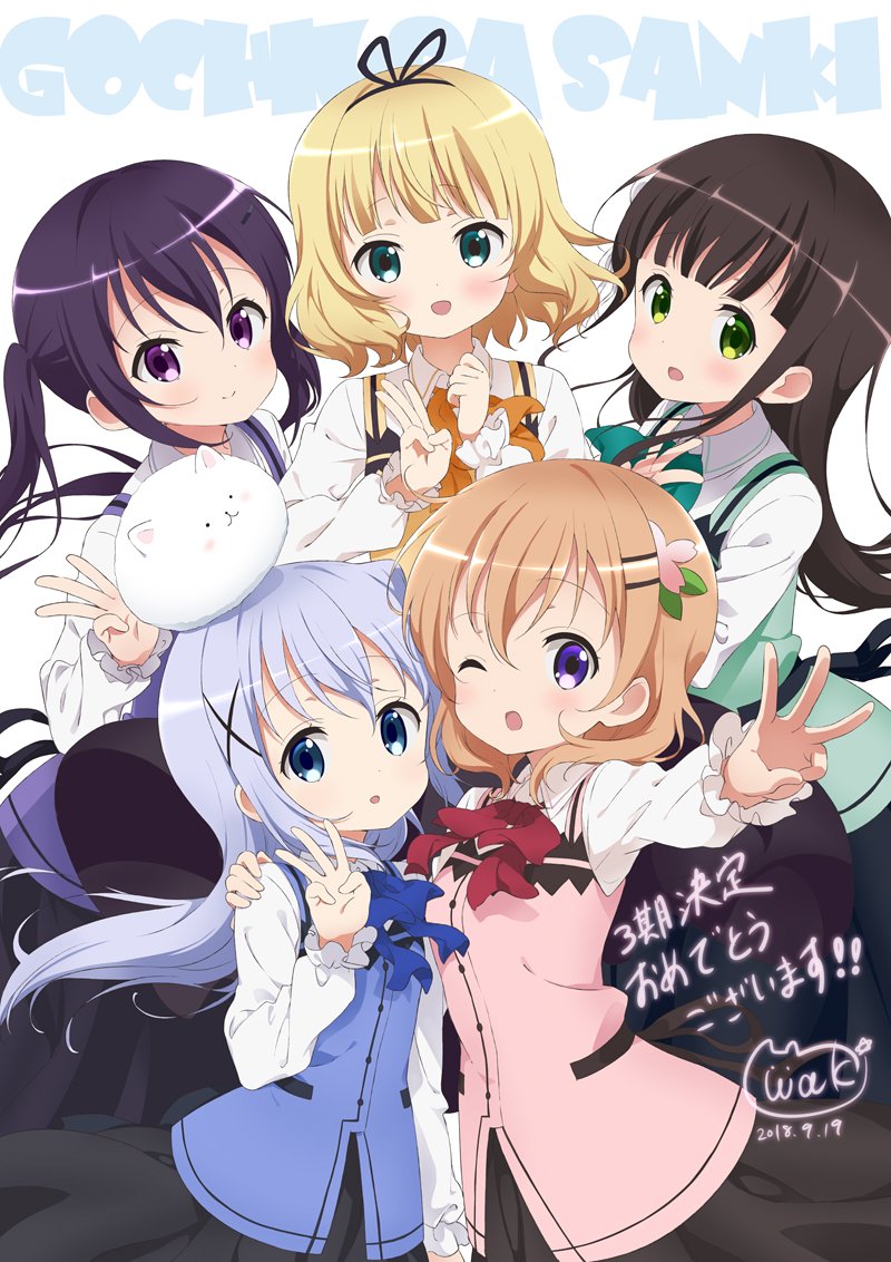 5girls ;d angora_rabbit animal bangs black_skirt blonde_hair blue_bow blue_eyes blue_hair blue_vest blunt_bangs blush bow brown_hair closed_mouth collared_shirt commentary_request copyright_name eyebrows_visible_through_hair gochuumon_wa_usagi_desu_ka? green_bow green_eyes green_vest hair_between_eyes hair_ornament hairclip hand_on_another's_shoulder hoto_cocoa kafuu_chino kirima_sharo light_brown_hair long_hair long_sleeves multiple_girls neki_(wakiko) on_head one_eye_closed open_mouth orange_bow outstretched_arm parted_lips pink_vest purple_hair purple_vest rabbit rabbit_house_uniform red_bow shirt signature simple_background skirt smile tedeza_rize tippy_(gochiusa) translated ujimatsu_chiya uniform very_long_hair vest violet_eyes w waitress white_background white_shirt yellow_vest