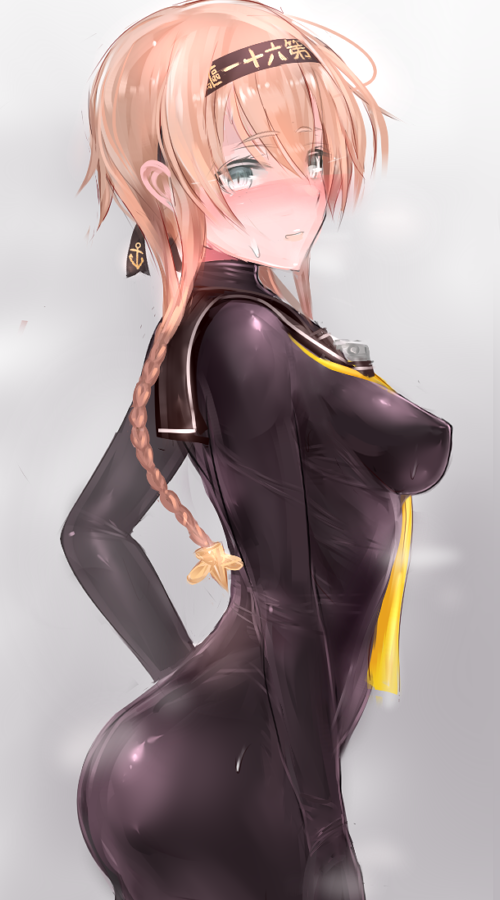 1girl ass bangs black_bodysuit black_headband blush bodysuit braid breasts closed_mouth clothes_writing embarrassed from_side gradient gradient_background grey_background hair_ornament impossible_clothes kantai_collection latex light_brown_hair long_hair looking_at_viewer medium_breasts nose_blush propeller_hair_ornament sailor_collar skin_tight solo sweatdrop teruzuki_(kantai_collection) twin_braids uni96_(uknee96) upper_body yellow_neckwear