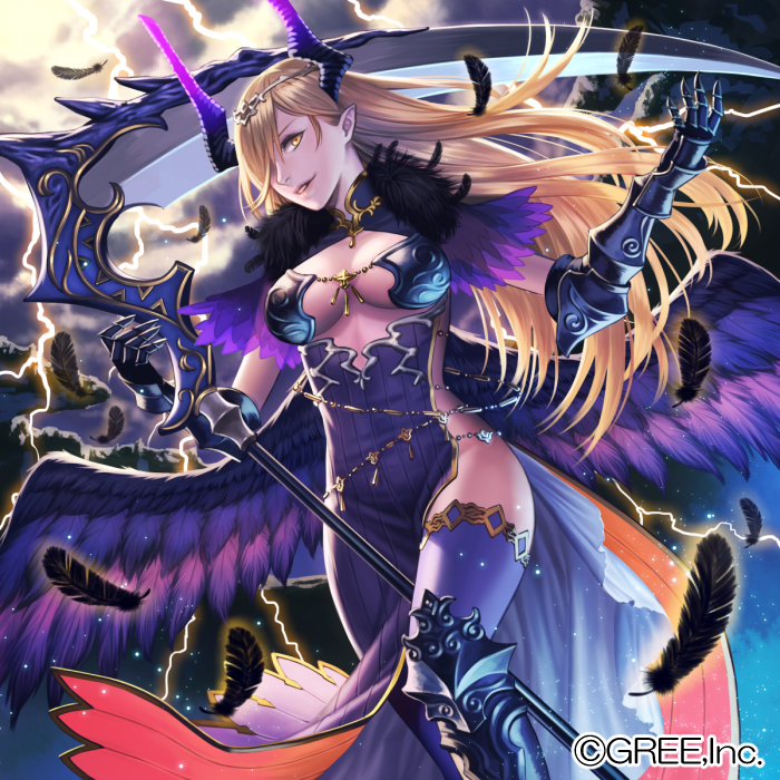 1girl black_feathers black_gloves black_wings blonde_hair breasts brown_eyes circlet esukee feather_trim gauntlets gloves greaves hair_over_one_eye horns kaizoku_ookoku_koronbusu lightning long_hair medium_breasts official_art outdoors pointy_ears scythe solo storm thigh-highs very_long_hair watermark wings