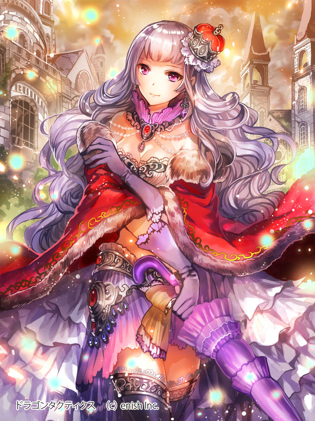 1girl black_legwear breasts cape choker cleavage closed_umbrella copyright_name crop_top crown day dragon_tactics floating_hair fur_trim gloves highres holding holding_umbrella long_hair medium_breasts midriff mini_crown miniskirt official_art outdoors pink_eyes purple_gloves purple_skirt purple_umbrella red_cape rioka_(southern_blue_sky) shiny shiny_hair silver_hair skirt smile solo standing stomach thigh-highs umbrella very_long_hair zettai_ryouiki