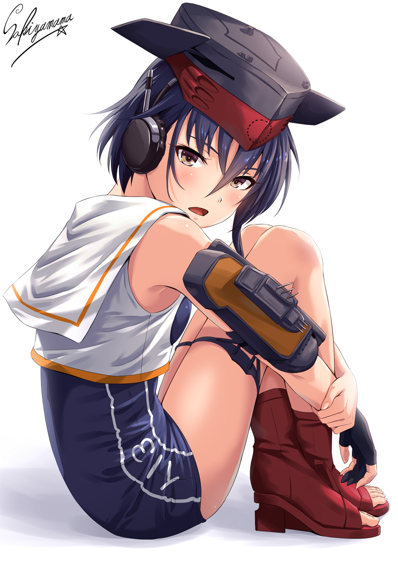 1girl :o ankle_boots armlet artist_name blue_hair blue_swimsuit blush boots breasts brown_eyes character_name clothes_writing crop_top crossed_ankles eyebrows_visible_through_hair framed_breasts from_side full_body gloves hair_between_eyes hat headset i-13_(kantai_collection) kantai_collection knees_up legs_together looking_at_viewer looking_to_the_side machinery no_socks one-piece_swimsuit open_mouth partly_fingerless_gloves red_footwear sailor_collar sakiyamama school_swimsuit short_hair signature single_glove sitting small_breasts solo swimsuit thigh_strap toeless_boots toes turret