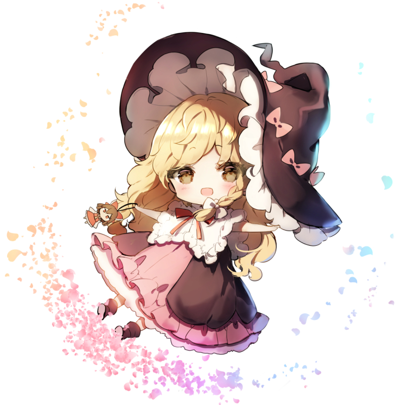 1girl bangs black_blouse black_footwear black_hat blonde_hair blouse blush boots bow braid brown_hair capelet character_doll chibi commentary_request eyebrows_visible_through_hair frilled_capelet frills hair_bow hakurei_reimu hat hat_bow kirisame_marisa long_hair looking_at_viewer open_mouth petals petticoat pink_bow pink_skirt piyokichi red_bow red_eyes red_skirt simple_background single_braid skirt smile solo touhou white_background white_bow white_capelet witch_hat yellow_eyes