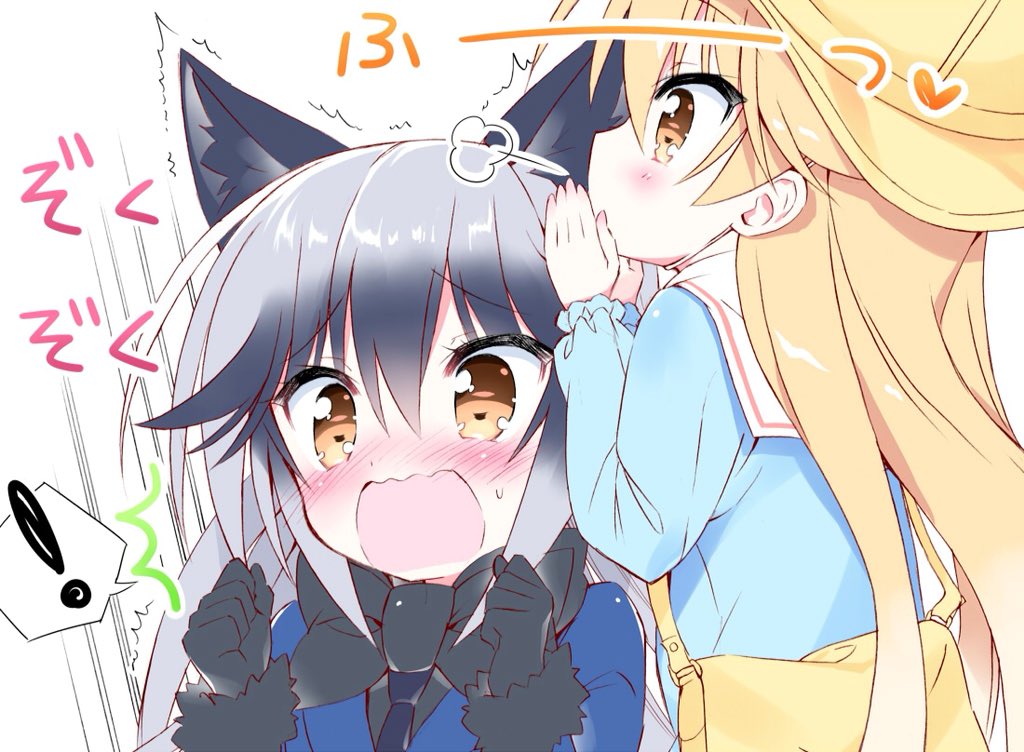 ! 2girls animal_ears bag black_gloves black_shirt blazer blonde_hair blowing blue_jacket blue_shirt blush bow bowtie brown_eyes clenched_hands commentary_request ezo_red_fox_(kemono_friends) fox_ears gloves hand_to_own_mouth hat jacket kemono_friends long_hair multiple_girls open_mouth shirt silver_fox_(kemono_friends) spoken_exclamation_mark surprised takahashi_tetsuya upper_body