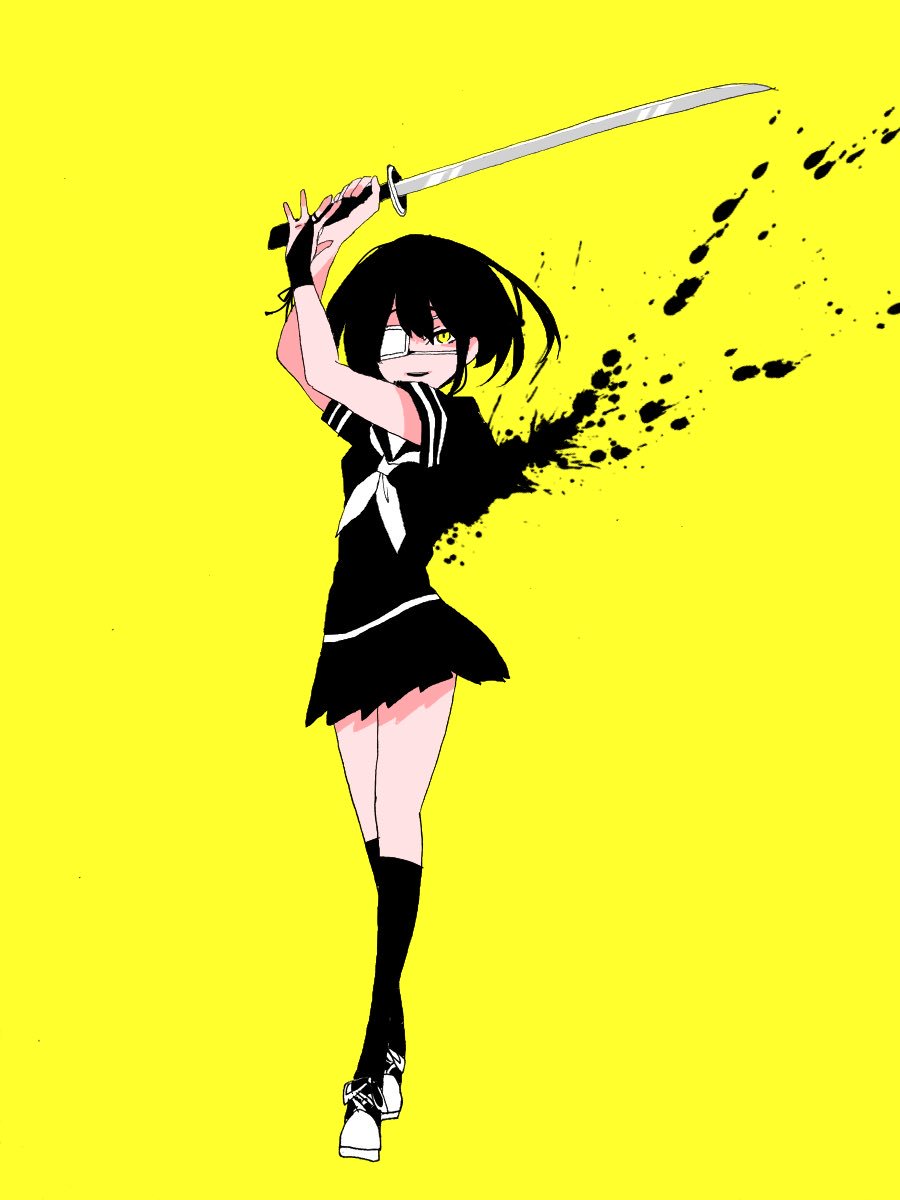 1girl bangs black_hair black_legwear black_shirt black_skirt blood blood_splatter commentary_request eguchi_saan flat_color full_body hair_between_eyes hands_above_head highres holding holding_sword holding_weapon kneehighs legs_crossed looking_to_the_side neckerchief original pleated_skirt shirt shoes short_hair short_sleeves simple_background skirt sneakers solo standing sword weapon white_eyepatch white_neckwear yellow_background yellow_eyes