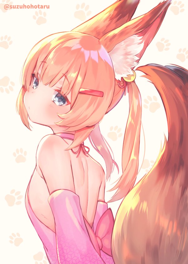 1girl animal_ears bare_back bare_shoulders bell blonde_hair blue_eyes detached_sleeves fox_ears fox_tail from_behind hair_ornament hairclip jingle_bell kemomimi_oukoku_kokuei_housou long_hair looking_back mikoko_(kemomimi_oukoku_kokuei_housou) pink_shirt shirt solo suzuho_hotaru tail twintails upper_body