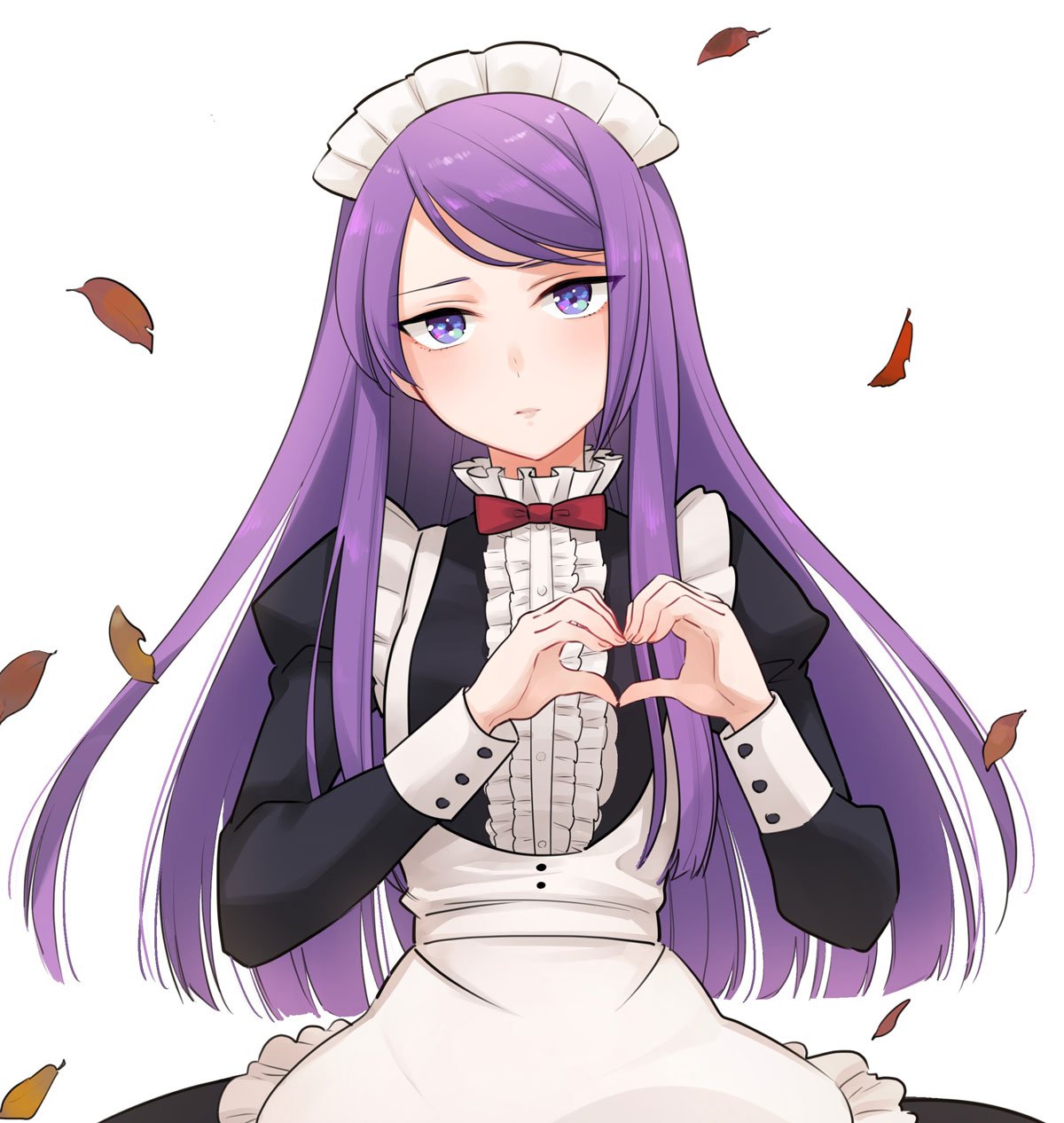 1girl alternate_costume apron bow bowtie enmaided hatsukoi_zombie heart heart_hands highres ibusuki_ririto leaf long_hair long_sleeves looking_at_viewer maid maid_apron maid_headdress minenami_ryou official_art purple_hair red_bow red_neckwear solo spoilers violet_eyes wig yame_ririsu