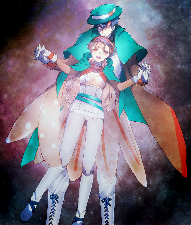 1boy 1girl 396_pkg :d black_footwear black_hair breasts brown_eyes brown_hair cleavage creatures_(company) decidueye error game_freak gen_7_pokemon gloves green_hat green_jacket hat hood hood_down jacket long_hair looking_at_viewer multicolored_hair nintendo open_mouth pants personification pokemon redhead small_breasts smile standing two-tone_hair white_footwear white_gloves white_legwear white_pants