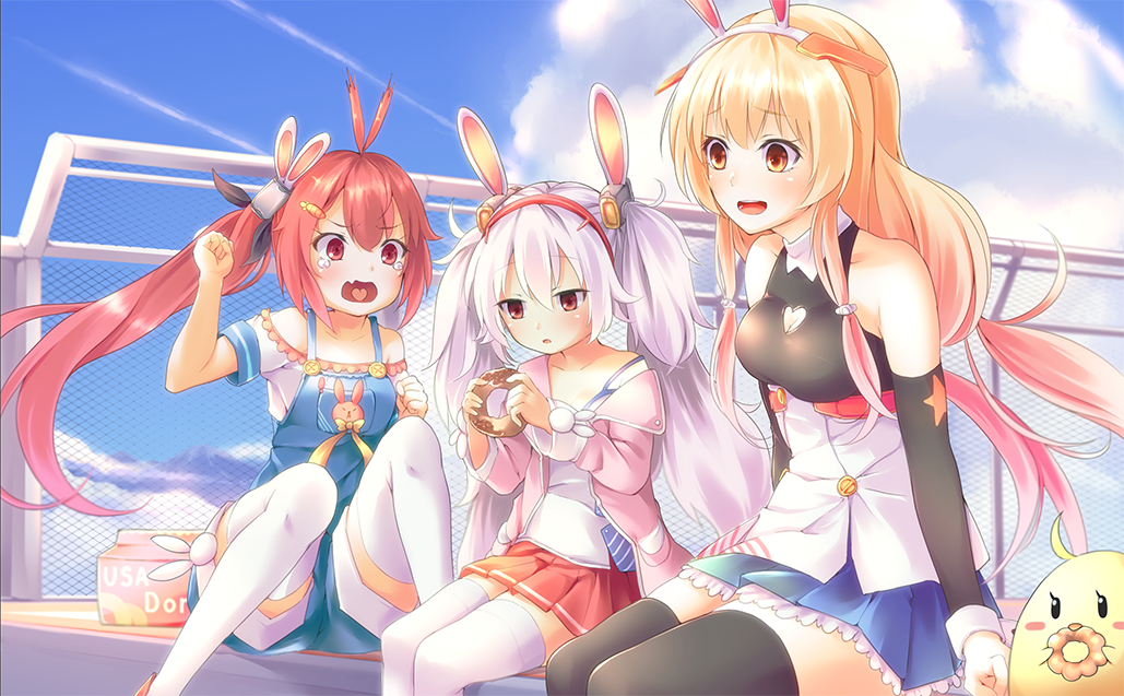 3girls :d animal animal_ears antenna_hair azur_lane bailey_(azur_lane) bangs bare_shoulders benson_(azur_lane) bird black_legwear blonde_hair blue_skirt blue_sky blush breasts brown_eyes camisole carrot_hair_ornament chain-link_fence chick clouds cloudy_sky collarbone commentary_request day detached_sleeves doughnut eyebrows_visible_through_hair fence food food_themed_hair_ornament french_cruller hair_between_eyes hair_ornament hairband holding holding_food jacket laffey_(azur_lane) long_hair long_sleeves medium_breasts multiple_girls off-shoulder_shirt off_shoulder open_clothes open_jacket open_mouth outdoors overall_shorts parted_lips pastry_box pink_jacket pleated_skirt rabbit_ears red_eyes red_hairband red_skirt shirt short_sleeves side_ponytail sidelocks silver_hair skirt sky smile strap_slip tears thigh-highs trend_kill twintails very_long_hair white_camisole white_hairband white_legwear white_shirt