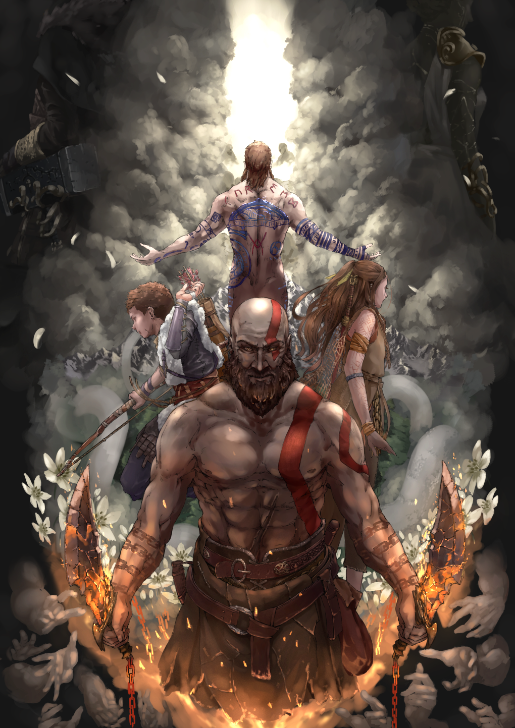 1girl 3boys abs arm_tattoo arrow atreus back back_tattoo bald baldur_(god_of_war) beard belt bodypaint bow_(weapon) brown_hair chains chest closed_mouth dress dual_wielding facial_hair facing_away flower freya_(god_of_war) glowing god_of_war highres holding holding_weapon kratos long_hair long_sleeves looking_afar looking_at_viewer medium_hair multiple_boys muscle nagi_(xx001122) nipples nude shirt shirtless short_hair smoke sparks spoilers tattoo weapon