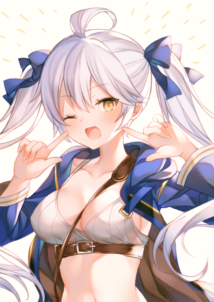 1girl ahoge arms_up bangs between_breasts bikini bikini_top blue_bow blue_coat bow breasts brown_eyes buckle cleavage coat collarbone commentary_request fingernails granblue_fantasy hair_bow hood hood_down hooded_coat long_hair long_sleeves looking_at_viewer medium_breasts narusegawa_riko open_clothes open_coat pointing pointing_at_self silva_(granblue_fantasy) simple_background solo strap_cleavage striped swimsuit twintails underbust vertical-striped_bikini vertical_stripes white_background white_bikini white_hair