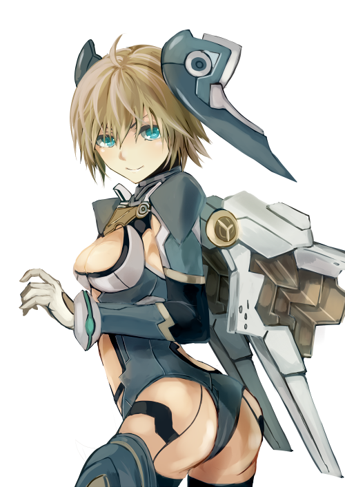 1girl ahoge ass bangs black_legwear blonde_hair blue_eyes breasts cleavage closed_mouth cowboy_shot fiorun gloves hair_between_eyes headgear mechanical_wings medium_breasts natsuyuki nintendo short_hair smile solo spoilers thigh-highs turtleneck white_gloves wings xenoblade_(series) xenoblade_1