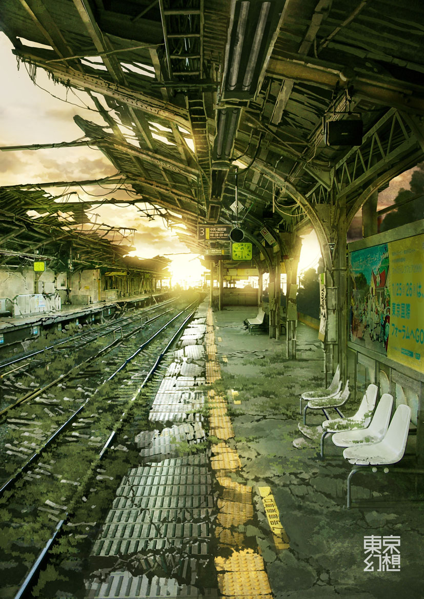bench billboard chair clock clouds empty messy no_humans original overgrown post-apocalypse railroad_tracks real_world_location revision ruins scenery shibuya_(tokyo) signature sky sunlight tactile_paving tokyo_(city) tokyogenso train_station