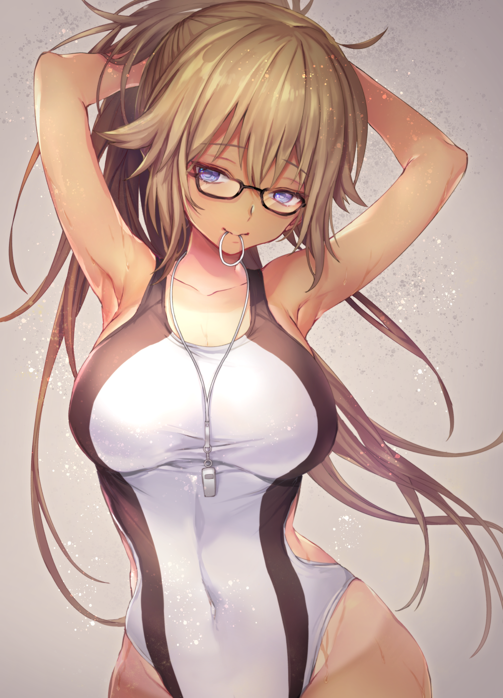 1girl armpits arms_up bangs bare_arms bare_shoulders black-framed_eyewear breasts brown_hair bunching_hair cleavage collarbone commentary_request competition_swimsuit covered_navel eyebrows_visible_through_hair fate/grand_order fate_(series) floating_hair glasses grey_background hair_between_eyes hair_flaps hair_tie hair_tie_in_mouth half-closed_eyes head_tilt highleg highleg_swimsuit highres jeanne_d'arc_(fate) jeanne_d'arc_(fate)_(all) jeanne_d'arc_(swimsuit_archer) large_breasts long_hair looking_at_viewer mouth_hold one-piece_swimsuit ponytail shiny shiny_hair sidelocks smile solo swimsuit tan tanline taut_clothes taut_swimsuit violet_eyes vivivivi wet whistle whistle_around_neck white_swimsuit