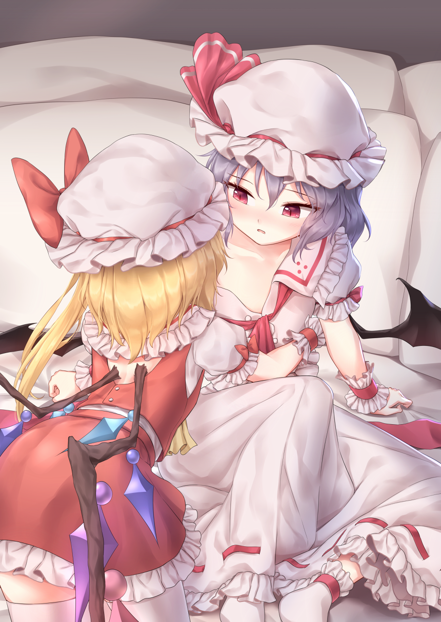 2girls arm_support ascot ass back_cutout bat_wings bed blue_hair bow clenched_hand collarbone commentary_request cowboy_shot crystal dress feet_out_of_frame flandre_scarlet frilled_shirt_collar frills from_behind hat hat_bow hat_ribbon highres incest indoors knee_up kneeling long_hair looking_at_another miniskirt minust mob_cap multiple_girls off_shoulder one_side_up parted_lips petticoat pillow puffy_short_sleeves puffy_sleeves red_bow red_eyes red_neckwear red_ribbon red_skirt red_vest remilia_scarlet ribbon ribbon-trimmed_dress ribbon_trim short_hair short_sleeves siblings sisters sitting skirt slit_pupils socks thigh-highs thighs touhou vest white_dress white_hat white_legwear wings wrist_cuffs yellow_neckwear yuri zettai_ryouiki