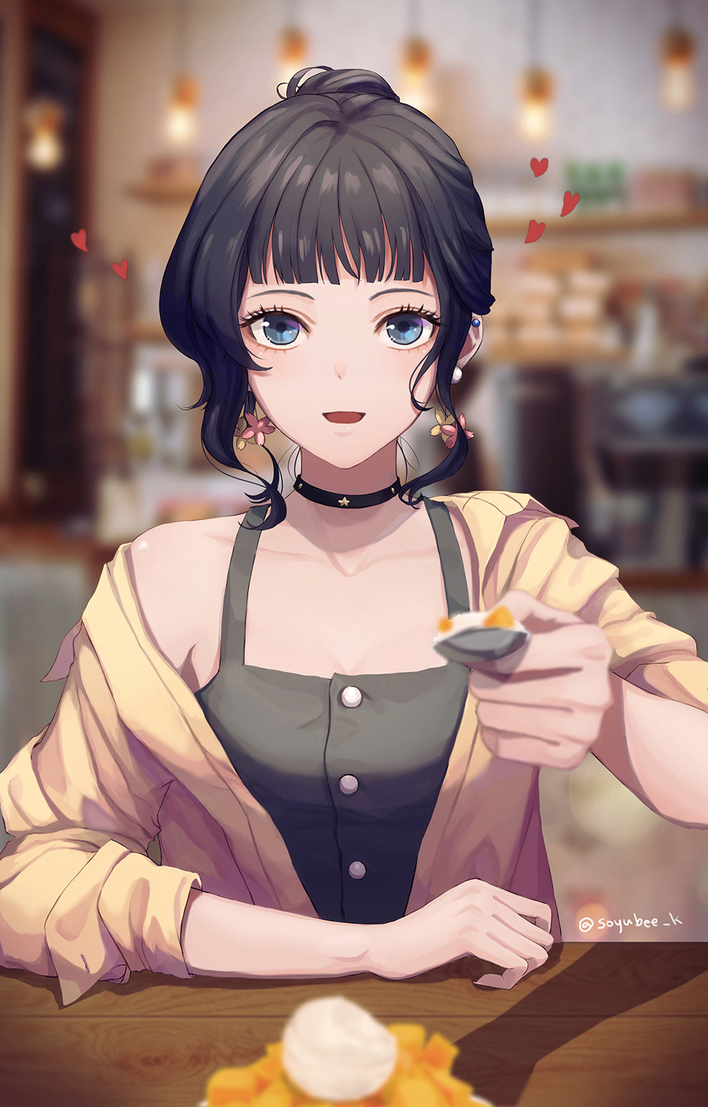 1girl :d bangs black_choker black_hair blue_eyes blunt_bangs blurry blurry_background breasts choker earrings feeding highres indoors jacket jewelry looking_at_viewer open_mouth original restaurant shadow short_hair sitting small_breasts smile soyubee spoon table twitter_username whipped_cream yellow_jacket
