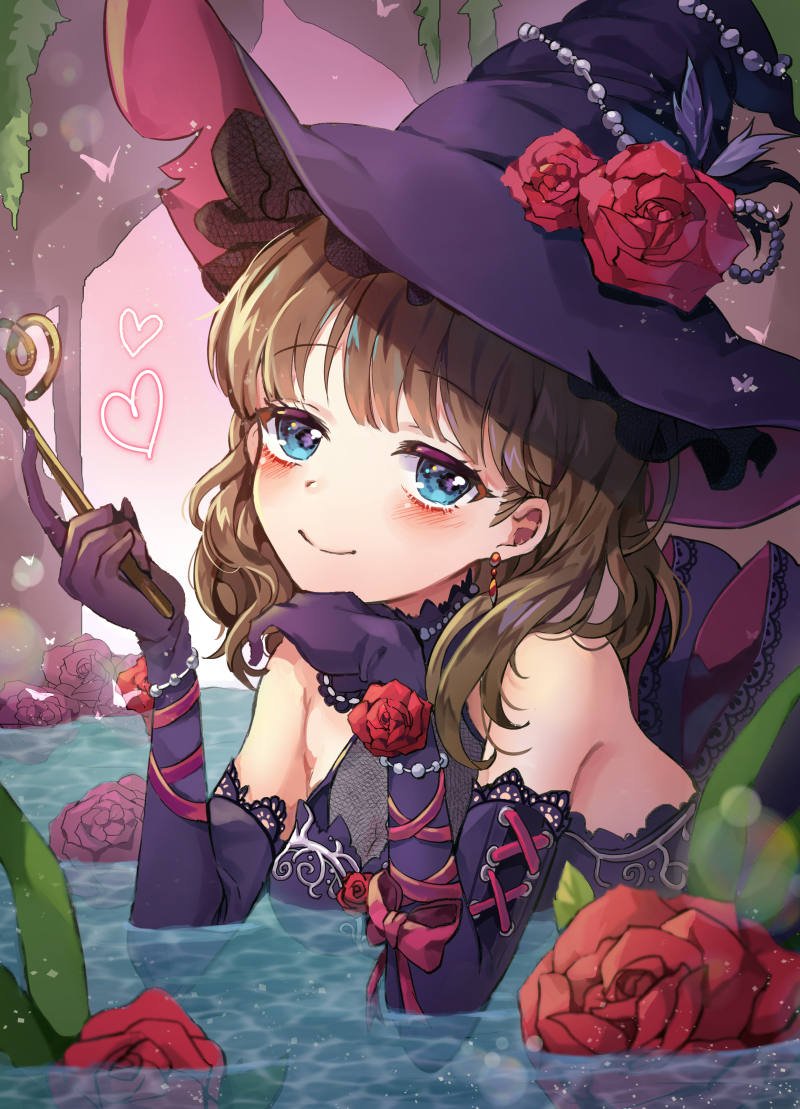 blue_eyes blush_stickers brown_hair bug butterfly earrings elbow_gloves flower gloves hair_between_eyes hat heart idolmaster idolmaster_cinderella_girls insect jewelry lerome lying on_stomach ribbon rose sakuma_mayu short_hair smile stick water witch_hat