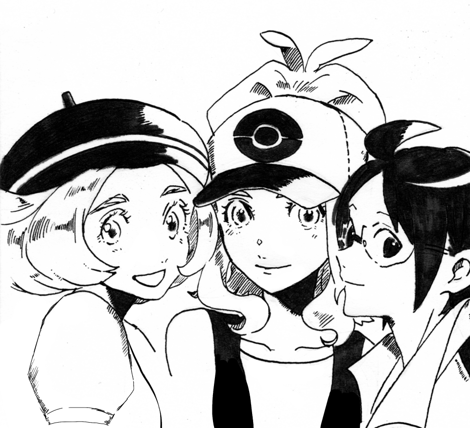 1boy 1girl 2girls :d bel_(pokemon) breasts canari cheren_(pokemon) closed_mouth commentary_request creatures_(company) dress game_freak jacket long_hair looking_at_viewer medium_hair monochrome multiple_girls nintendo open_mouth pokemon pokemon_(game) pokemon_bw short_hair smile solo touko_(pokemon) white_background