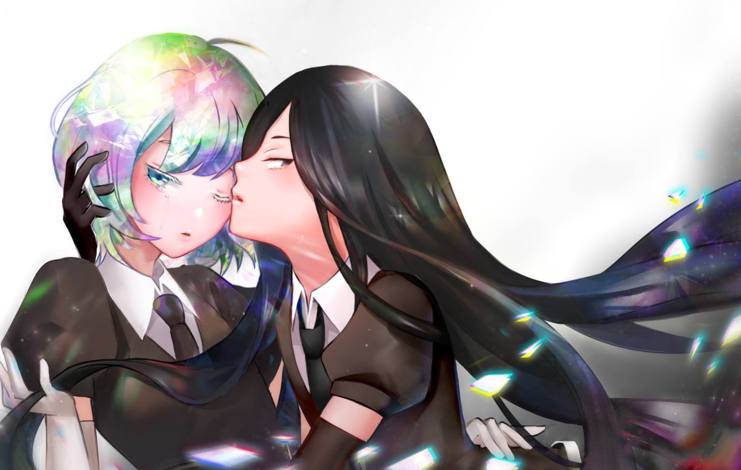 2others androgynous antweiyi black_eyes black_gloves black_neckwear blue_eyes bort diamond_(houseki_no_kuni) elbow_gloves gem_uniform_(houseki_no_kuni) gloves hand_in_hair houseki_no_kuni long_hair looking_at_viewer multiple_others necktie shirt short_hair short_sleeves upper_body very_long_hair white_gloves