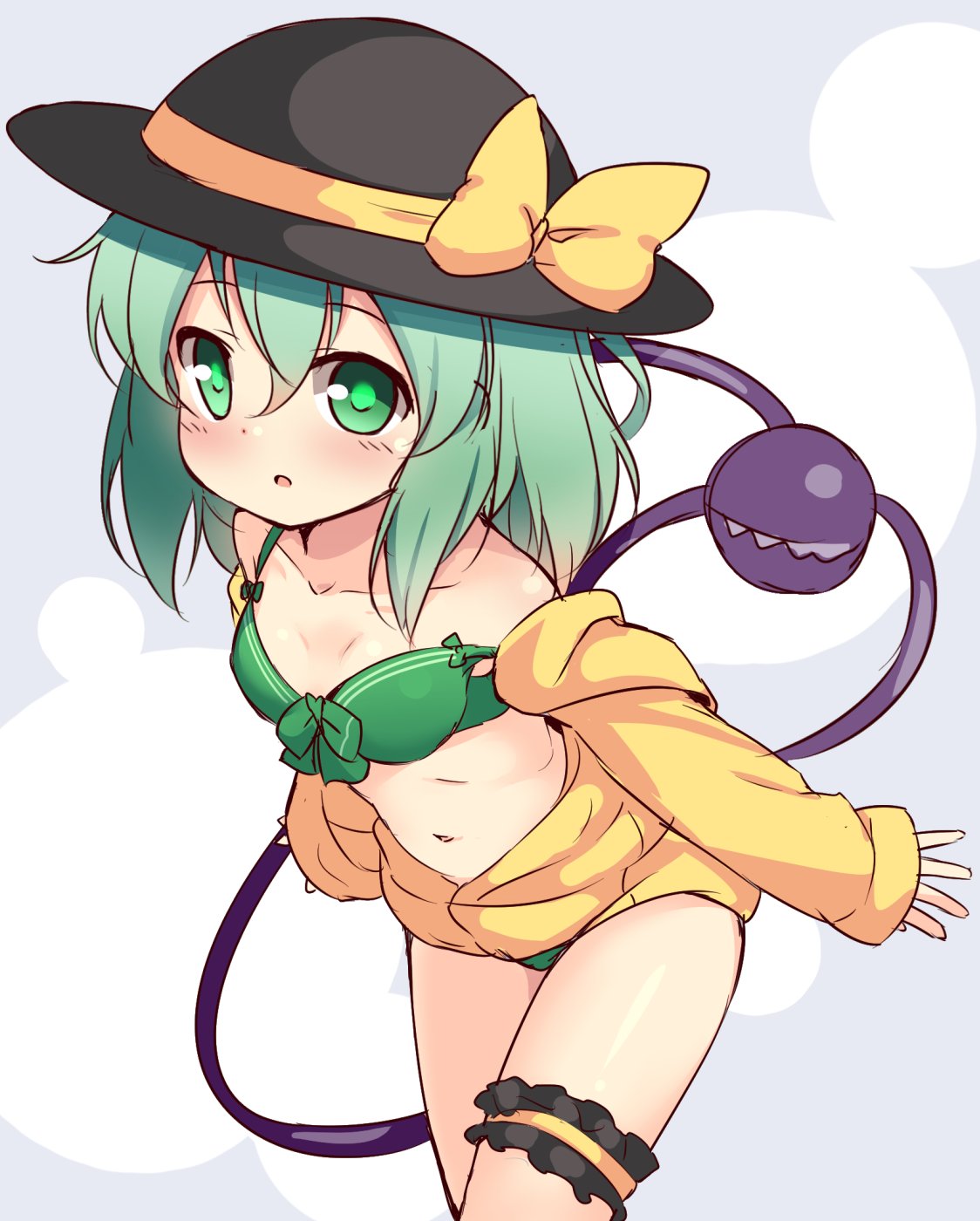 1girl baku-p bikini commentary_request green_bikini green_eyes green_hair green_swimsuit hat highres jacket komeiji_koishi leaning_forward navel off_shoulder open_clothes open_jacket short_hair solo swimsuit thigh_strap third_eye touhou yellow_jacket