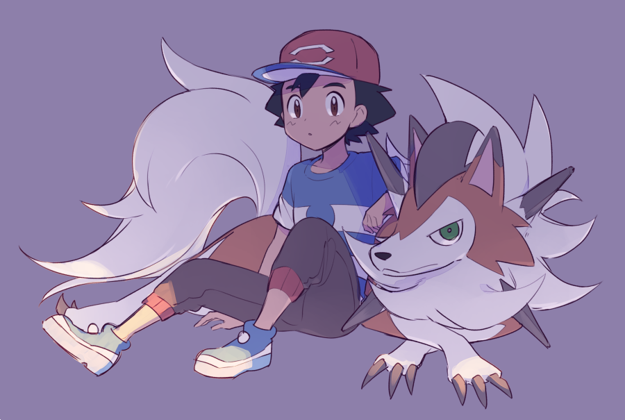 1boy ame025 black_hair blue_footwear brown_eyes creatures_(company) game_freak gen_7_pokemon green_eyes hat lycanroc nintendo orange_fur pokemon pokemon_(anime) pokemon_sm_(anime) red_hat satoshi_(pokemon) shirt striped striped_shirt wolf