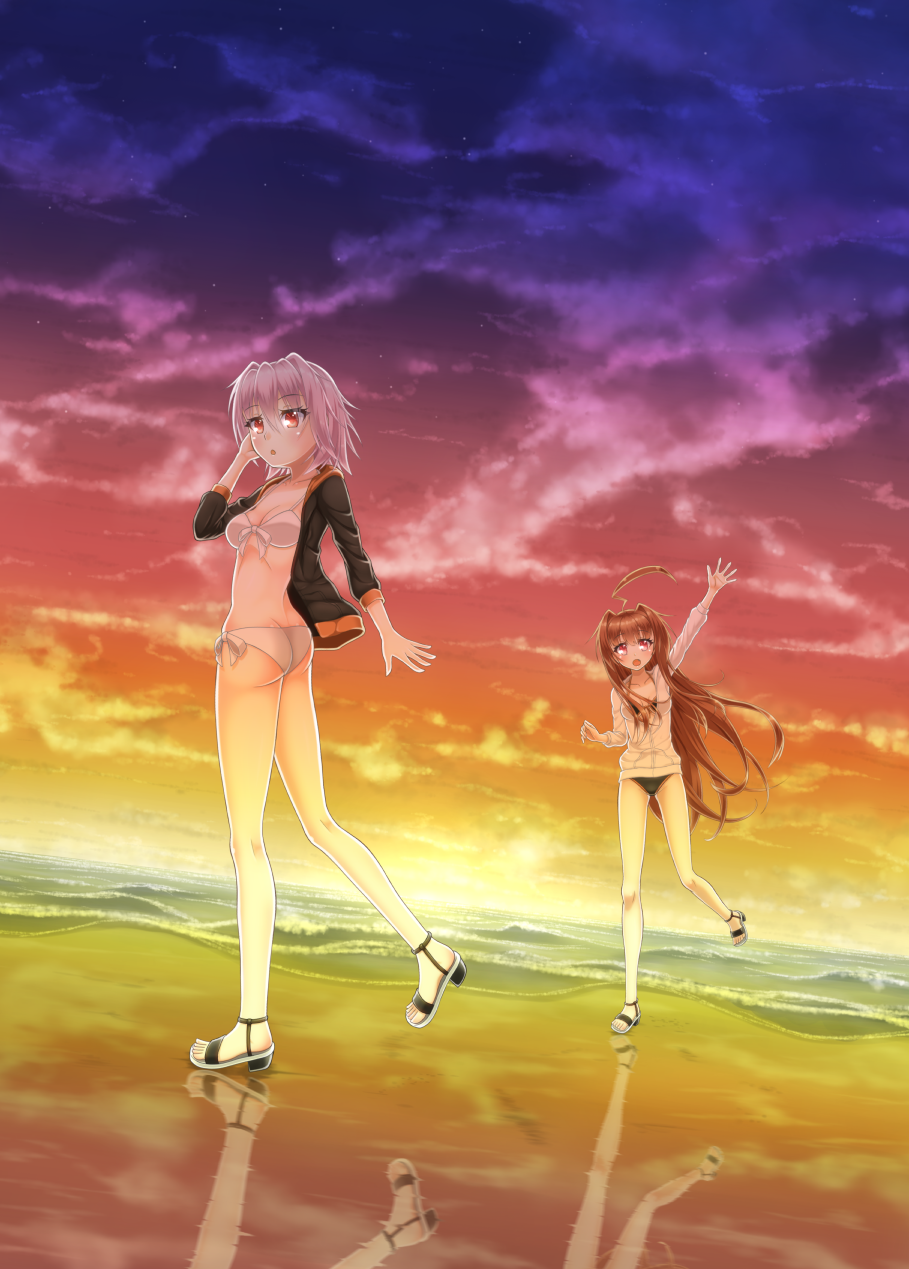 2girls :d :o ahoge arm_up ass bangs bikini bikini_under_clothes black_bikini blush breasts brown_hair cleavage clouds cloudy_sky collarbone commentary_request eyebrows_visible_through_hair front-tie_bikini front-tie_top hair_between_eyes highres horizon jacket kantai_collection kuma_(kantai_collection) long_hair long_sleeves medium_breasts multiple_girls ocean open_mouth outdoors parted_lips pink_hair red_eyes reflection sakaki_jin'ya sandals short_hair side-tie_bikini sky smile standing standing_on_one_leg sunset swimsuit tama_(kantai_collection) very_long_hair water white_bikini white_footwear white_jacket