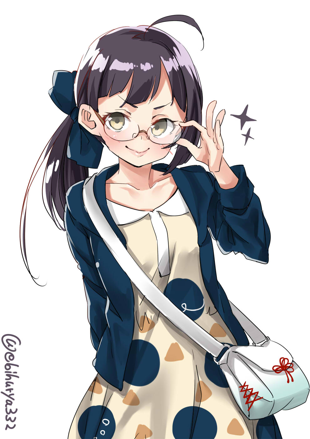1girl :} ahoge alternate_costume bag bangs bespectacled black_hair blue_jacket blunt_bangs closed_mouth collarbone collared_dress commentary_request cowboy_shot cross-laced_bag dress ebifurya flower_knot fujinami_(kantai_collection) glasses hand_up handbag highres jacket kantai_collection long_hair long_sleeves looking_at_viewer open_clothes open_jacket peter_pan_collar print_dress ribbon round_eyewear shiny shiny_hair shoulder_bag side_ponytail simple_background smile solo sparkle strap twitter_username v-shaped_eyebrows white_background white_bag yellow_dress yellow_eyes